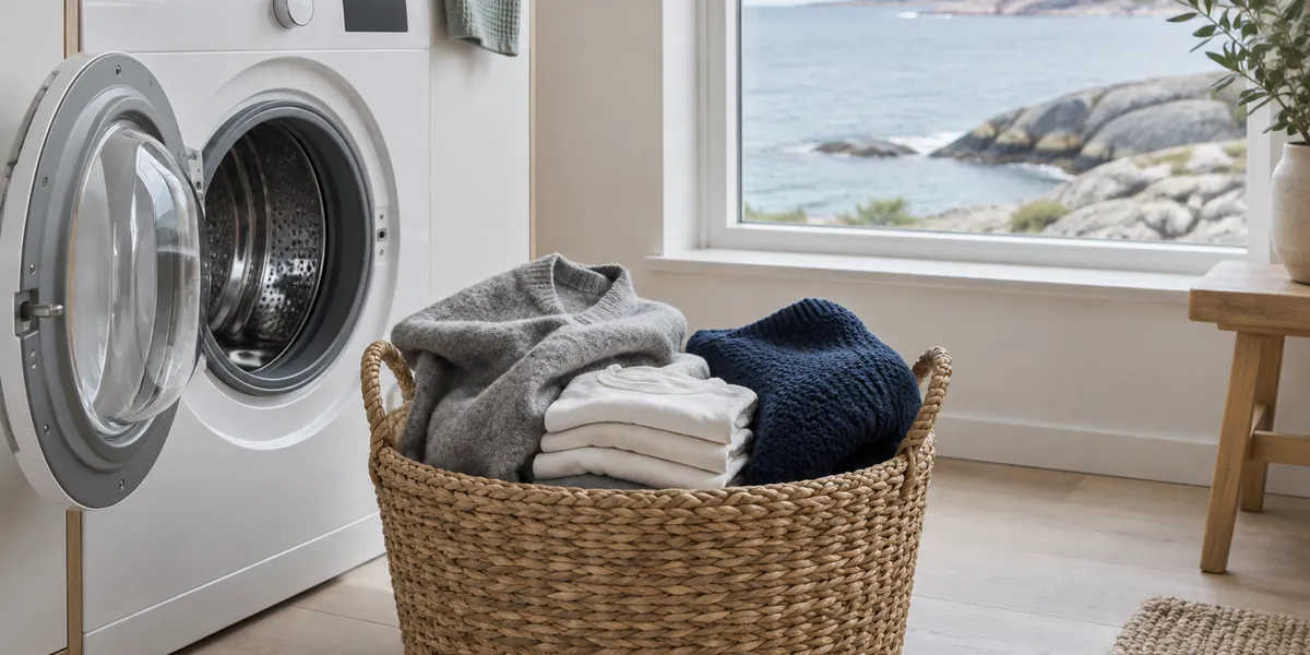 Öppen tvättmaskin och en tvättkorg med fleecetröja, vikta bomullströjor och en stickad tröja framför ett fönster mot havet